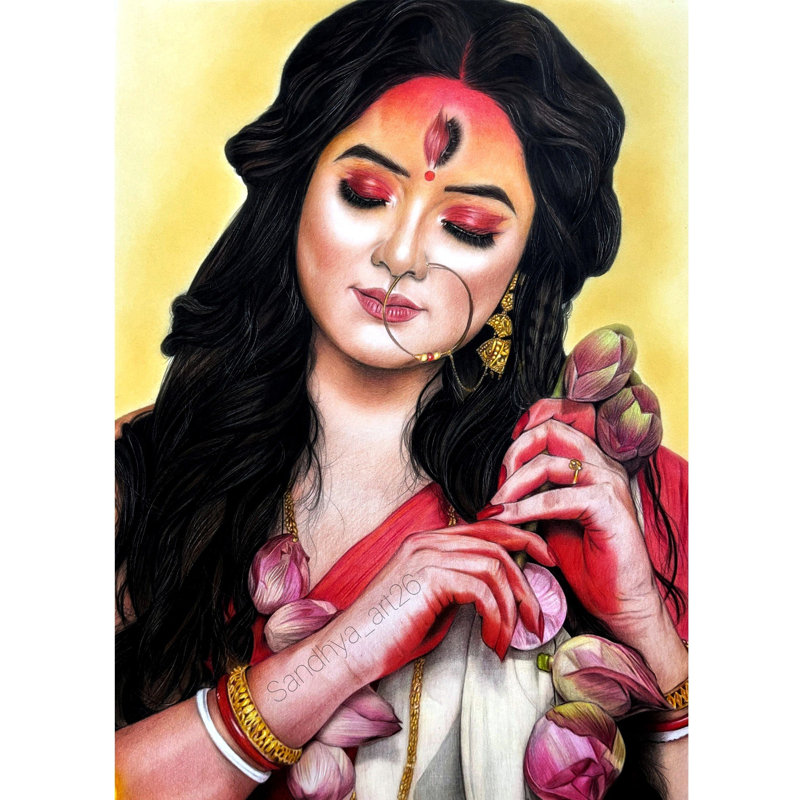 Déesse Gauri | Crayon de couleur sur papier Bristol | Sandhya Pandit