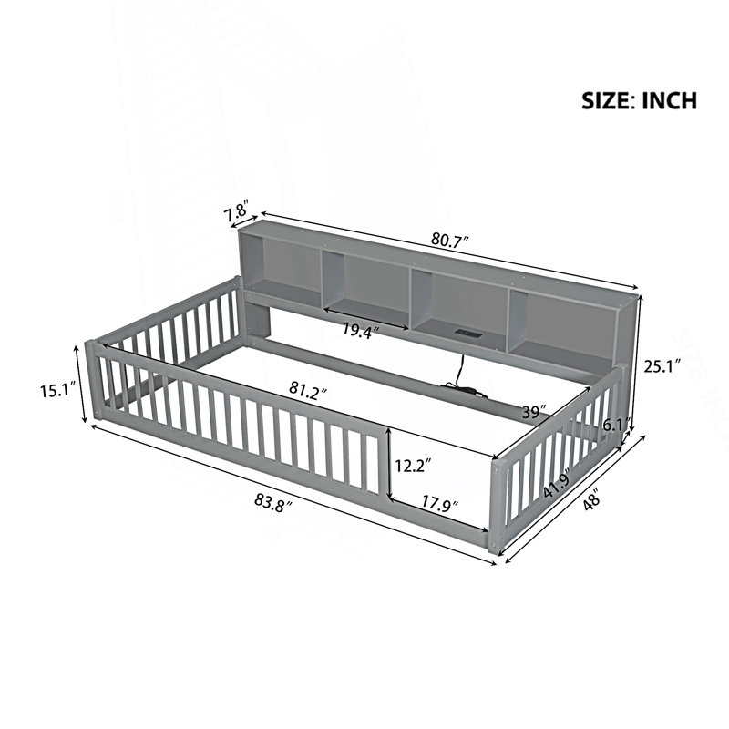 Lit simple TG au sol avec armoires de rangement et ports USB, gris