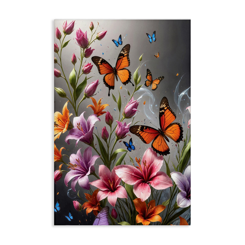 Art mural sur toile, "Monarch Butterflies & Lilies" par Yuri Khrushch, H 24 po x l 16 po