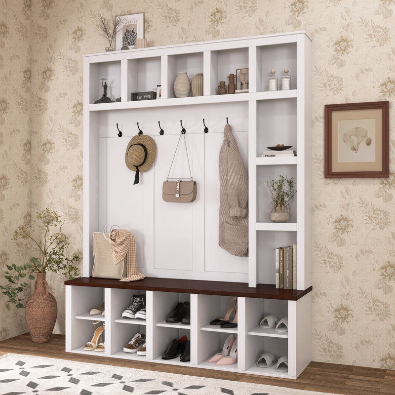 Farmhouse Wooden Hall Tree, Walnut 6-hook Storage Bench, 4-in-1 , White