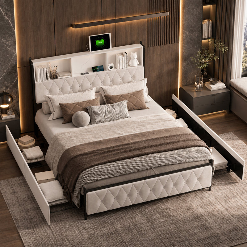 Upholstered Velvet Drawers Bed, Kingsize (5')