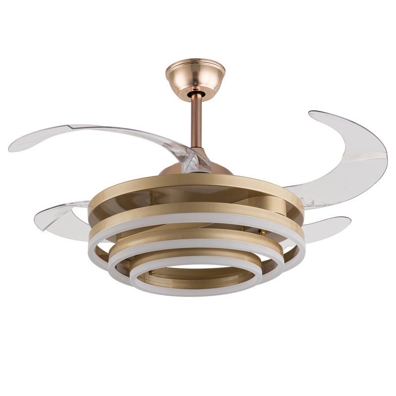 Gold Retractable LED Ceiling Fan Chandelier with Remote Control