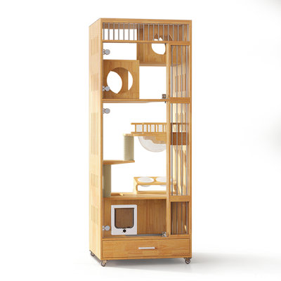 Solid Wood Cat House with Hidden Wire Duct & Integrated Litter Box