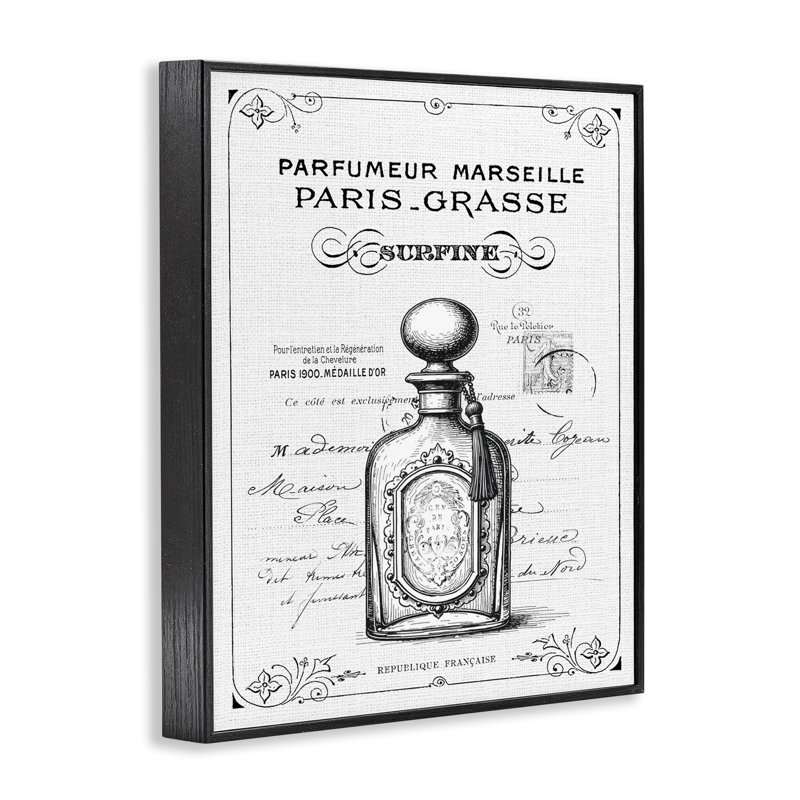 Vintage French Luxury Bottle Framed Giclee, design by Lettered and Lined, 14" H x 11" W, Midnight Black Framed Giclee