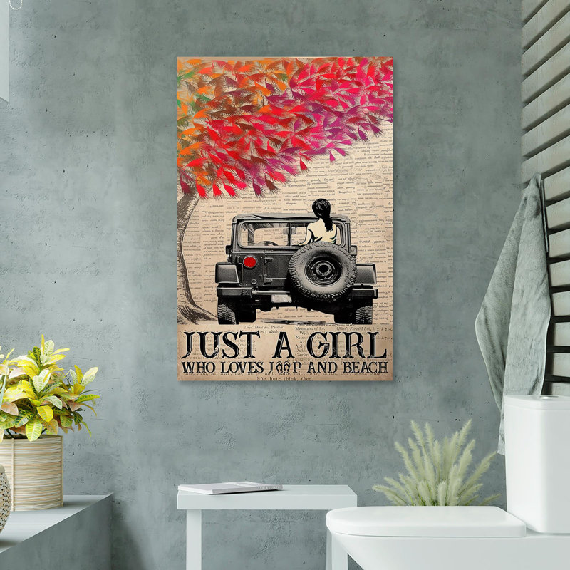 «Just a Girl Who Loves Jeep and Beach», impression sur toile tendue, L 11 po x H 14 po