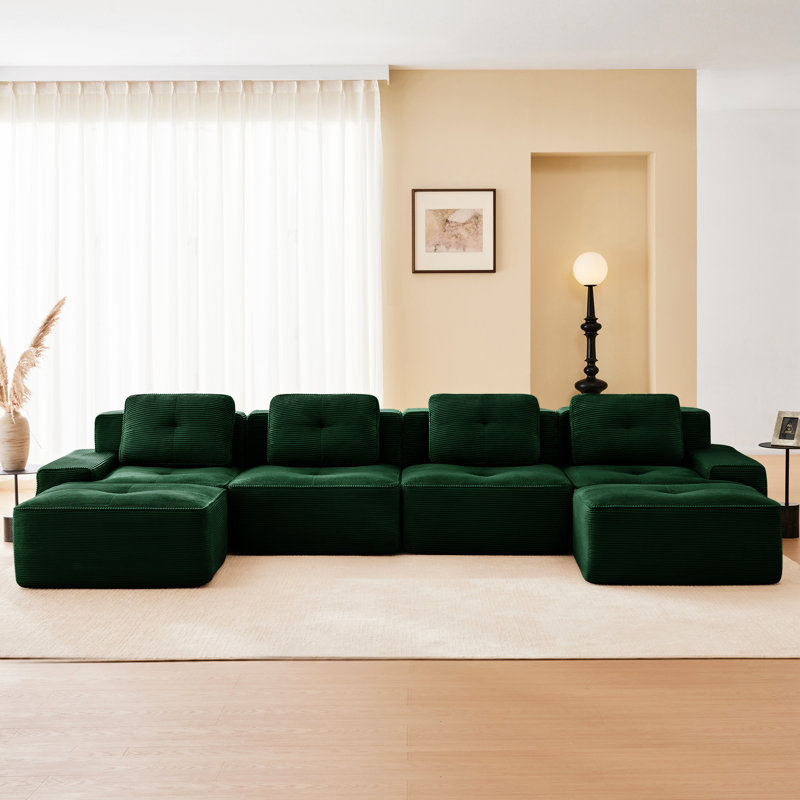 Canapé modulaire en forme de U de 153 po pour salon, 4 personnes avec siège profond, conception coulissante, sans assemblage, courbé, conception ergonomique modulaire à 2 sections, passepoil perlé, base antidérapante, assemblage