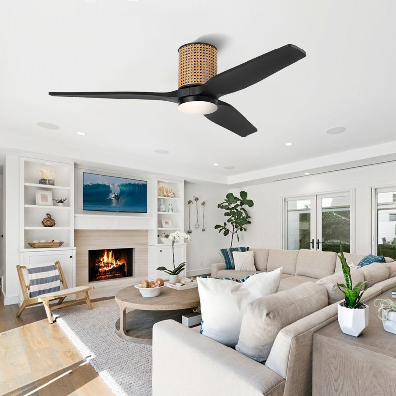 52 po Ventilateur de plafond encastré 3 pales en bois massif avec lumière DEL, Noyer, Noir/naturel