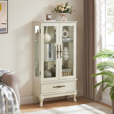 Antique White Glass Cabinet With Interior , 2 Doors, 1 Drawer And Adjustable Shelf Positions Display & Lighting System In Design