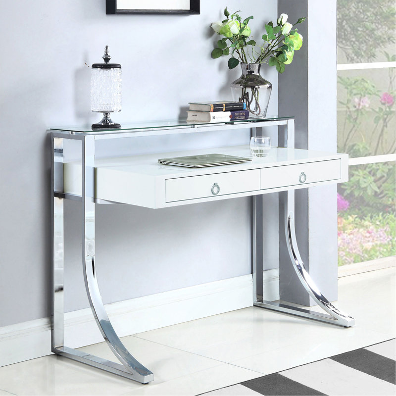 2-Drawer Writing Desk, Glossy White and Chrome
