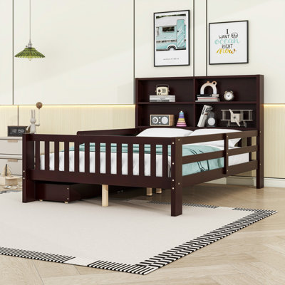 2 Drawers Wood Platform Bed With Chalkboard, Shelves And Guardrails