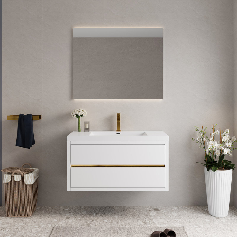 Meuble-lavabo avec rangement suspendu mural, comptoir en résine de pierre blanche brillante, tiroirs à fermeture en douceur, préassemblé pour une rénovation de rangement rapide et pratique en blanc.