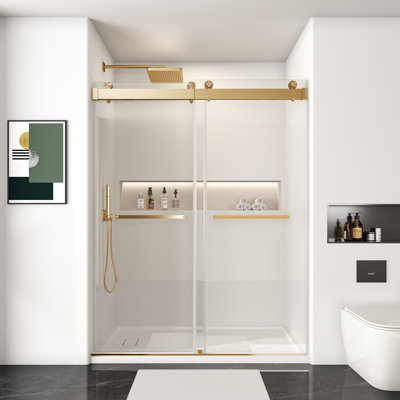 48 In. W X 76 In. H Frameless Single Sliding Shower Door With 3/8 In. Tempered Clear Glass In Brushed Gold