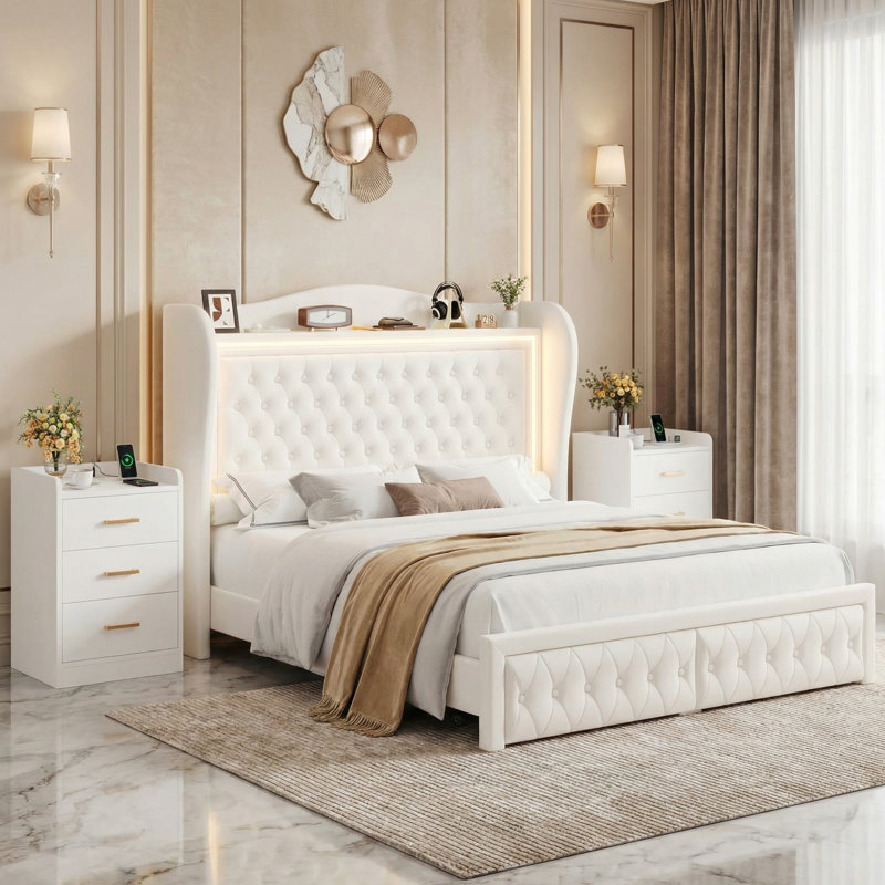 3-Piece Bedroom Set, Upholstered Bed with 2 Nightstands with 3 Drawers&USB Charging,Compact Size Doubles as Side Tables