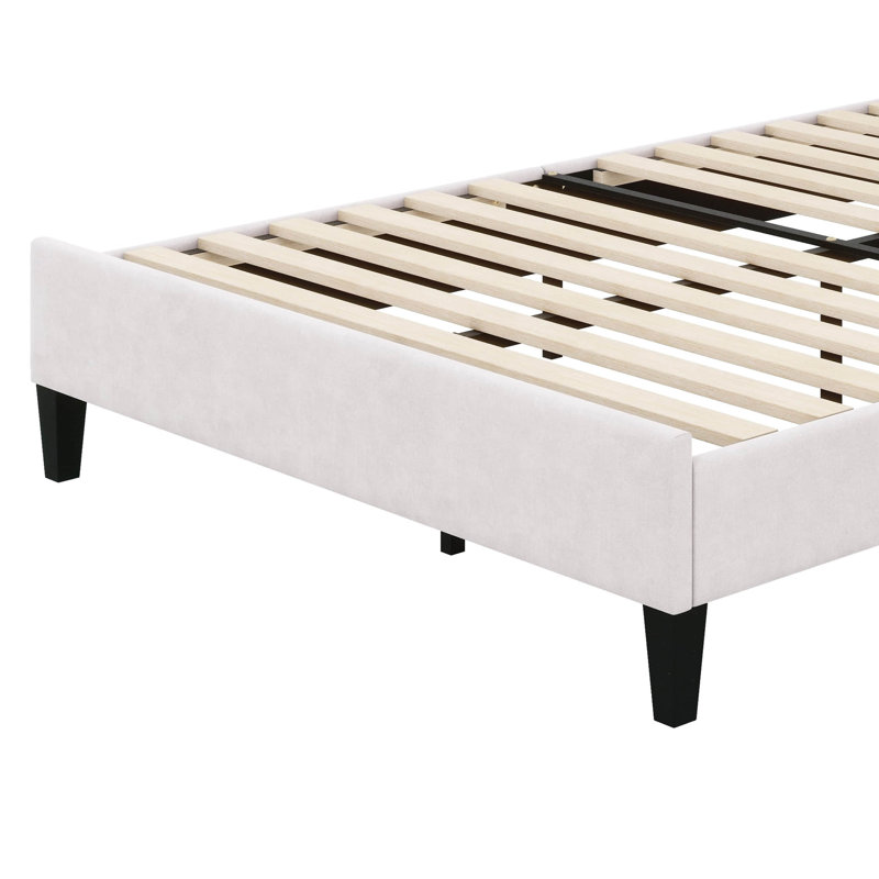 Lit plateforme tapissier en velours avec tête de lit à motif floral, Beige, Double
