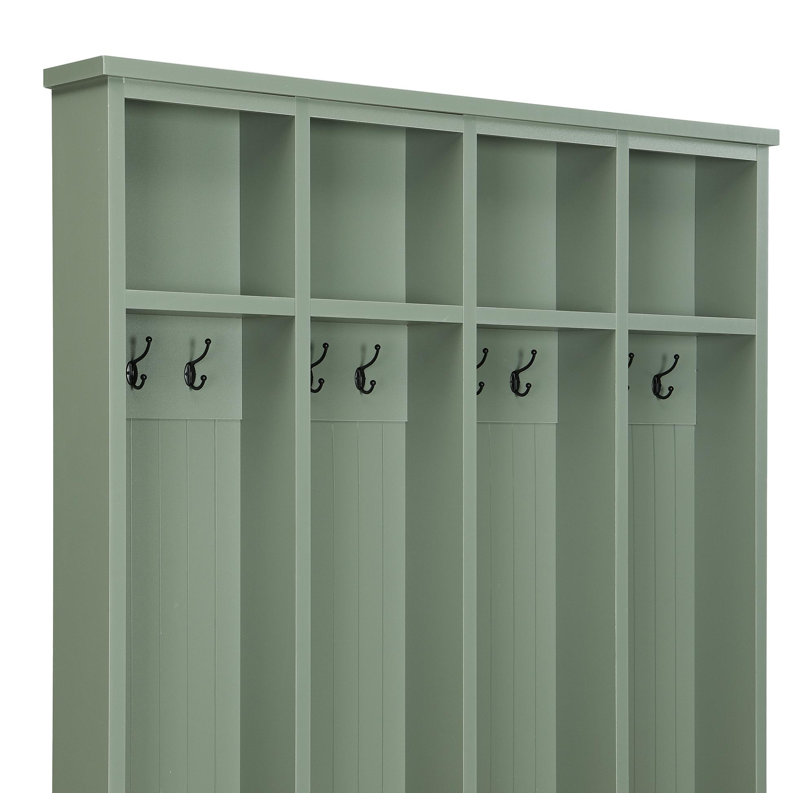 Farmhouse Wide Hall Tree with 8 Hooks, Practical Entryway Bench with Open Compartments, Green
