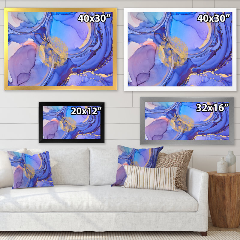 Bleu et mauve, luxe, abstrait, fluide X III - Peinture sur toile, H 12 po x l 20 po, Cadre doré à coins fermés