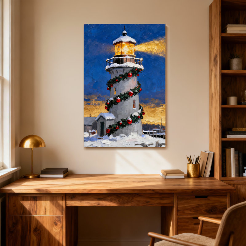Phare de Noël décoré de guirlandes de Noël et de neige