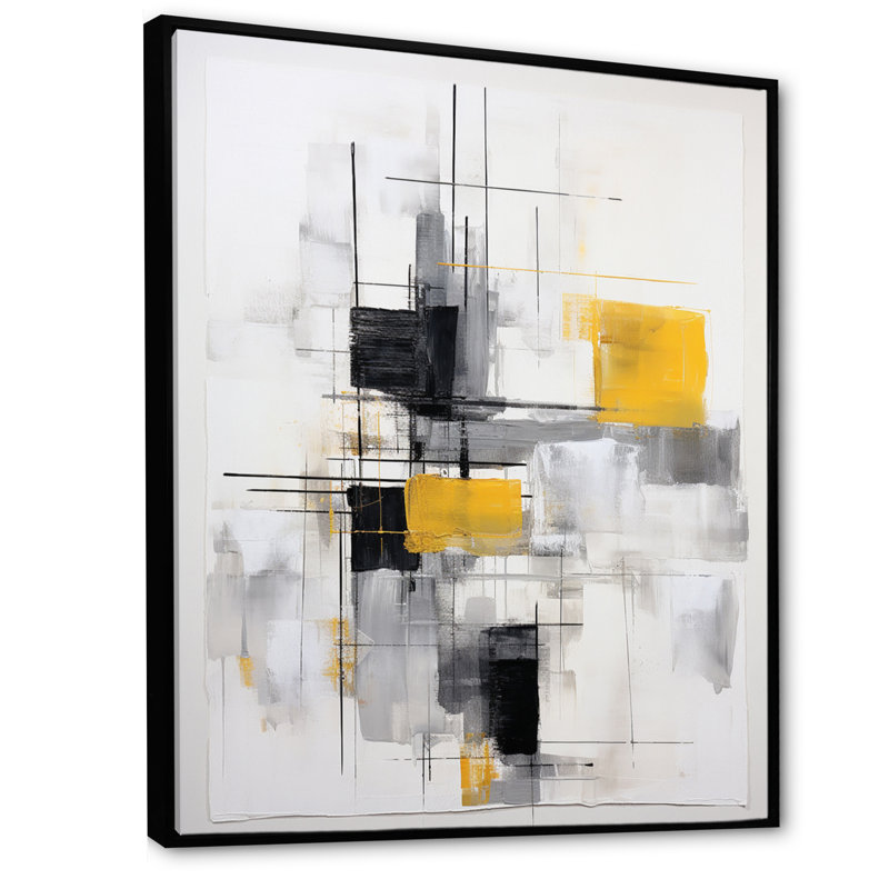 «Freedia» gris jaune, minimalisme pureté de la forme II sur toile, Cadre flottant noir, H 32 po x l 16 po x P 1 po