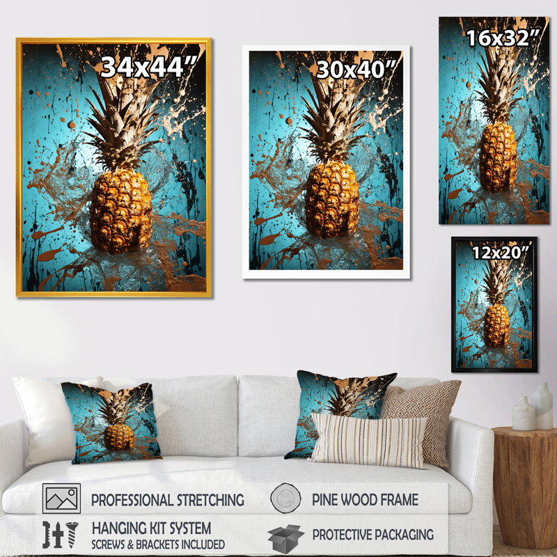 Abstract Turquoise Ananas Twisted - Pineapples Wall Art, 20" H x 12" W x 1" D, Black Single Picture Framed