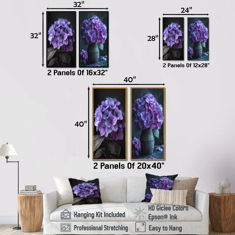 Hortensia mauve ferme charme I - ensemble d'hortensias muraux 2 pièces, H 40 po x l 40 po, Brun, Impression encadrée