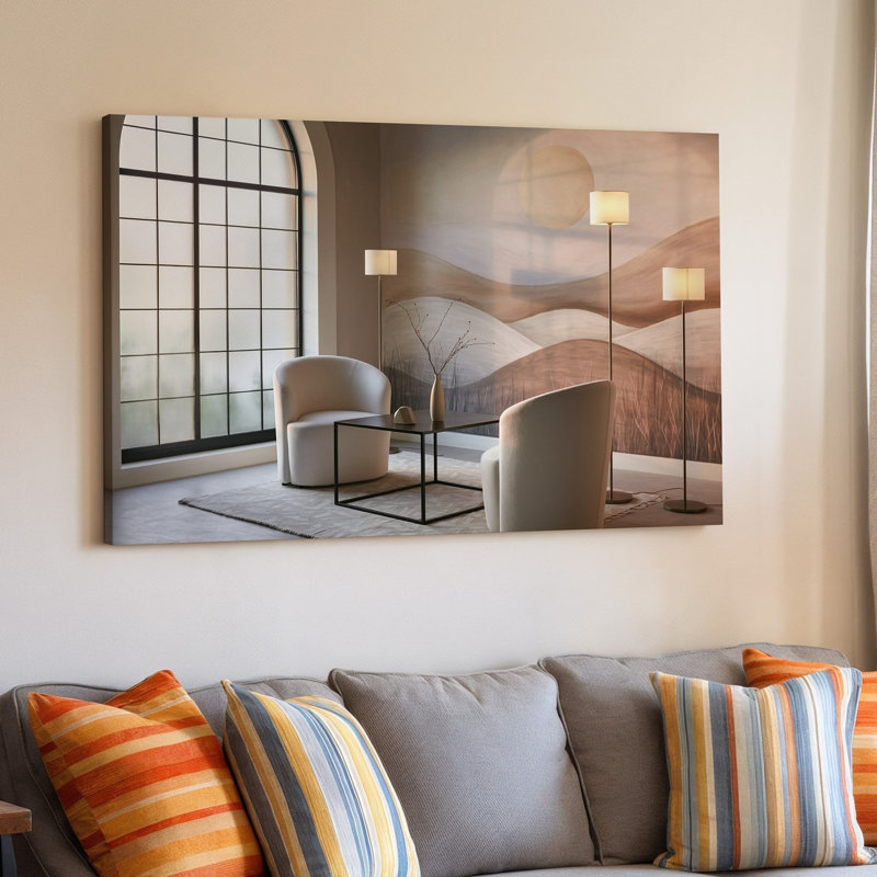 Canvas A Serene Contemporary Living Space Featuring Two Elegant White Armchairs Wall Art With Curved Backs Set Against A Soft Muted Canvas Wall Art