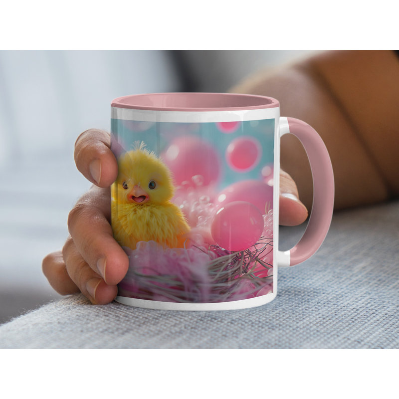 Set of 2 3D Design 11oz Accent Mugs – Ceramic Coffee Cups with a Pink Handle and Interior