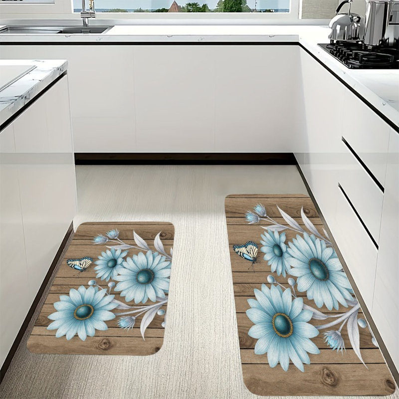 Blue Daisy Butterfly, 2 Pcs Non Slip Kitchen Mats