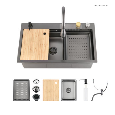 29.5"L Drop-In Stainless Steel Workstation Kitchen Sink Single Bowl Sink with Pull-Out Faucet, Cutting Board, Colander, Soap Dispenser