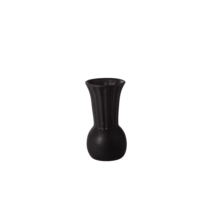 Ceramic Round Bellied Vase with Trumpet Mouth in Embossed Column Design LG Matte Finish Black.., 4" H x 4" W x 8" D