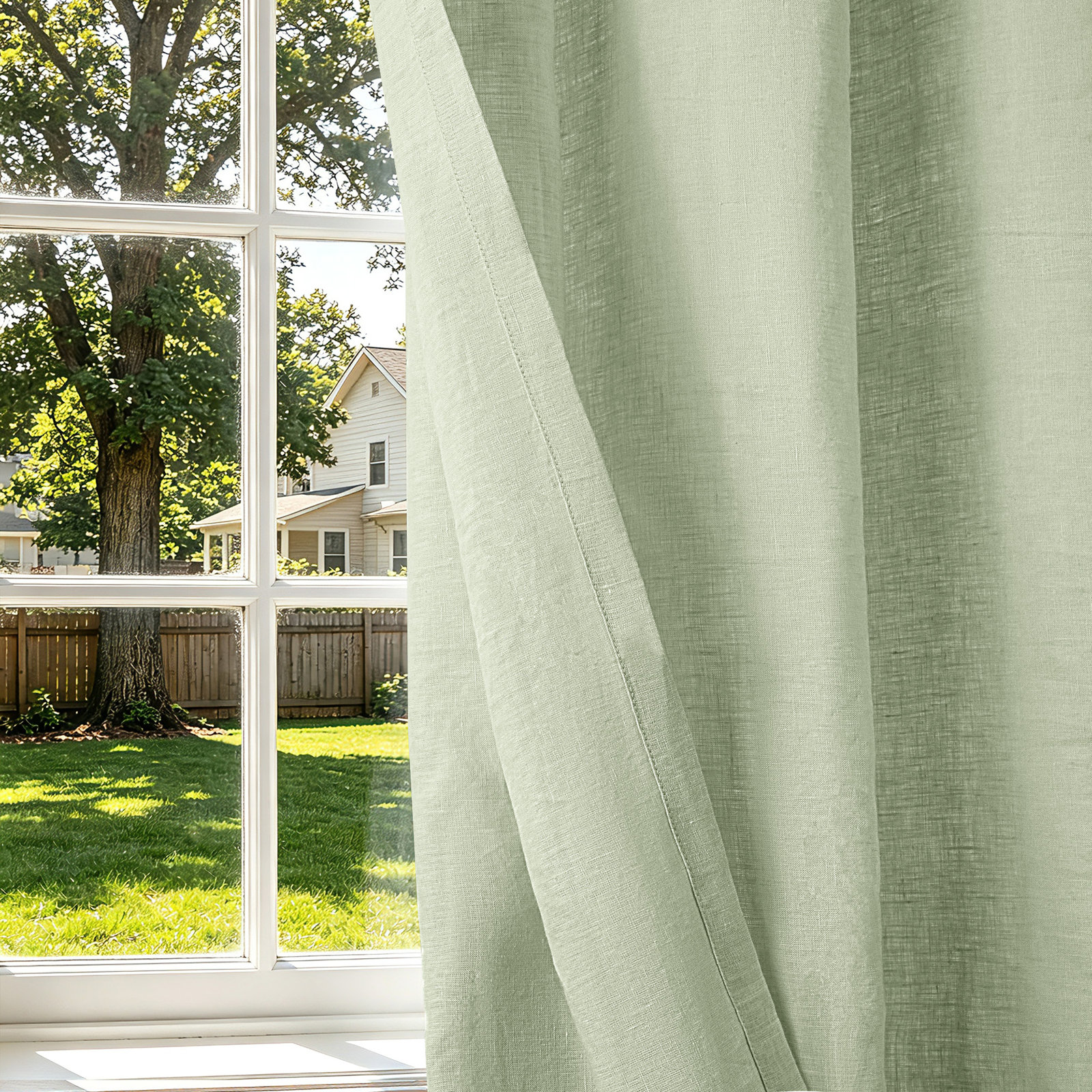 100% French Linen Semi Sheer Back Tab Curtain Panel, Desert Sage, 50" W x 96" L
