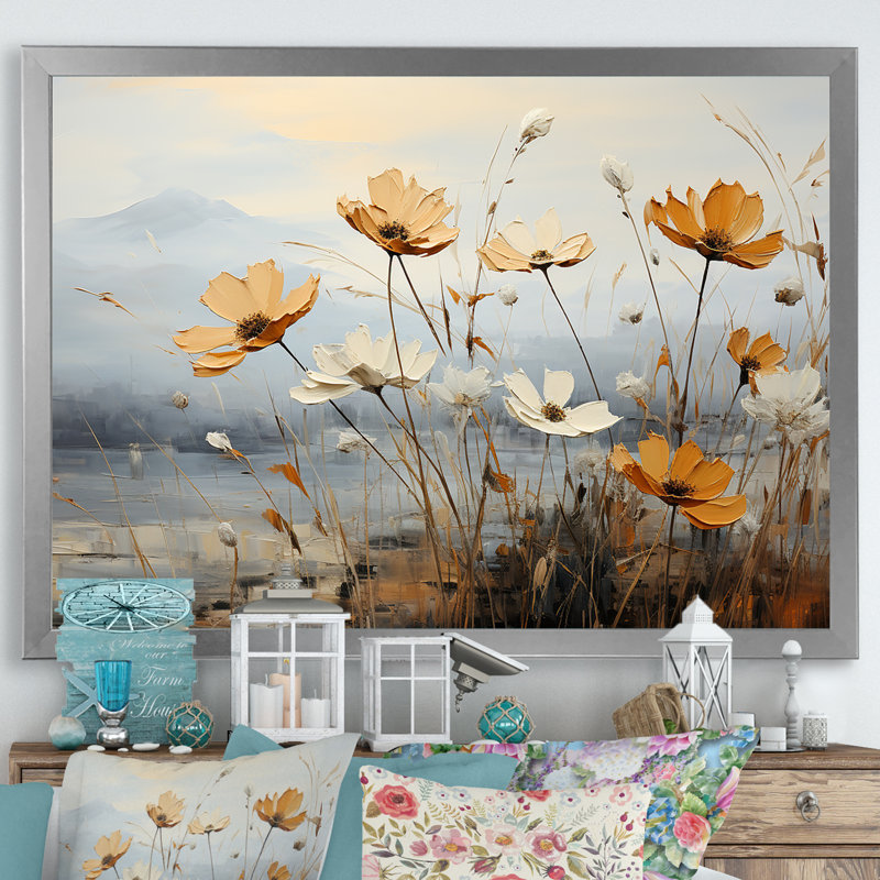 Golden Meadows Of Flowers Fields III sur toile, Cadre simple argenté, H 16 po x l 32 po x P 1 po