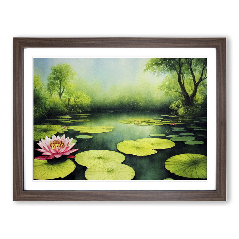 Watercolour Lily Pond Vol.1 - Single Picture Frame Painting, 34cm H x 46cm W x 2cm D, Walnut