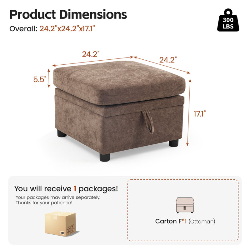 Pouf de rangement de 61,5 cm pour canapé d'angle modulaire – Repose-pieds moderne rembourré avec rangement dissimulé