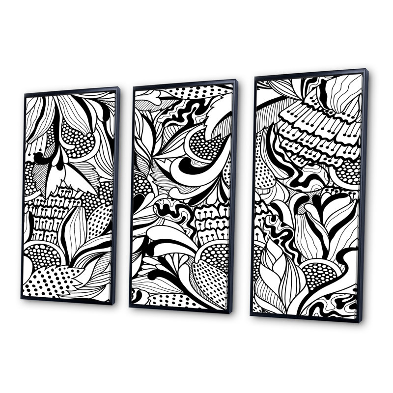 Fleurs abstraites en noir et blanc - ensemble d'art mural sur toile moderne encadré de 3, H 32 po x l 48 po x P 1 po