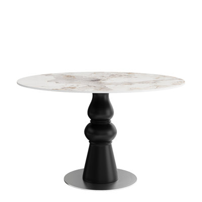 Table ronde de 43 pouces, pierre frittée noire brillante, base en acier laminé à froid en fer argenté, style champêtre français pour la salle à manger, noir, brillant, fer, Mid-Century moderne, repas de famille