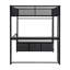 Lit mezzanine de jeu noir en métal pleine grandeur avec tablette à DEL, bureau, garde-robe ouverte et 3 tiroirs en lin