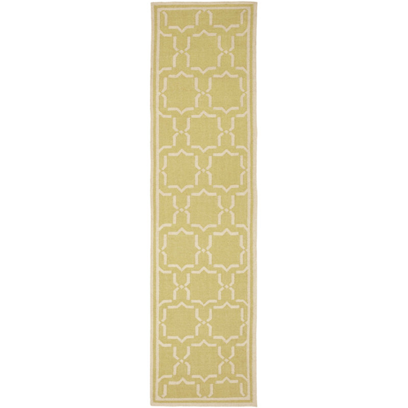 Rodgers Hand Woven Flat Weave Wool/Cotton Geometric Rug in Ivory/Light Green, Runner 2'6" x 10'