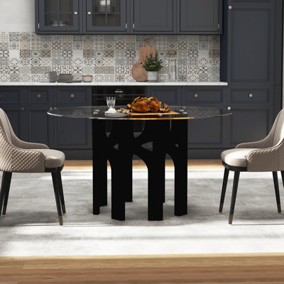Table de salle à manger ronde en verre trempé avec une base géométrique sculpturale; Une table de cuisine compacte pour 2 à 4 personnes, idéale pour les petites maisons et les appartements