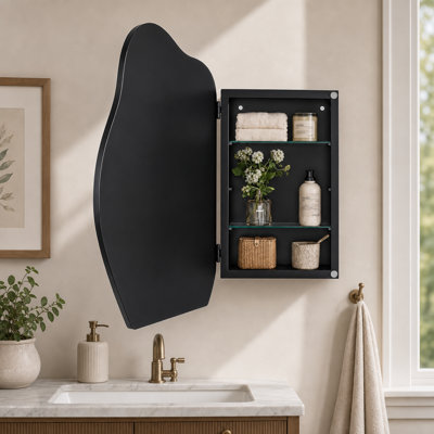 Armoire à miroir murale en forme de nuage irrégulier, avec cadre en métal et étagères en verre ajustables, noir mat