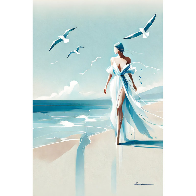Art mural sur toile Contemplative Coastal: Woman with Seagulls, H 12 po x l 12 po x P 1 po