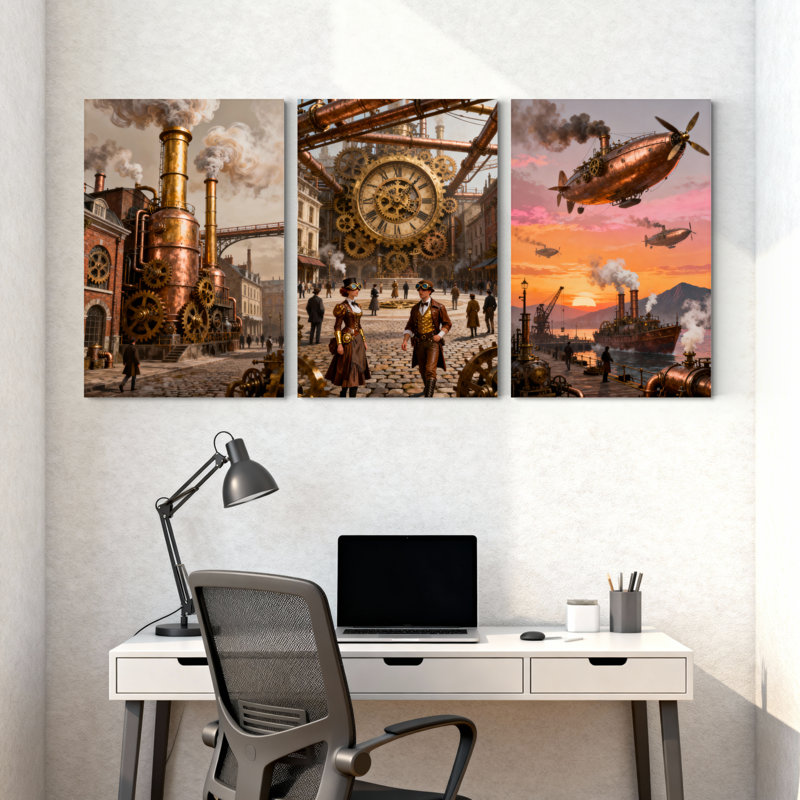 Ensemble d'impressions murales sur toile fantaisistes et sci-fi avec paysage urbain avec engrenages et dirigeables Steampunk