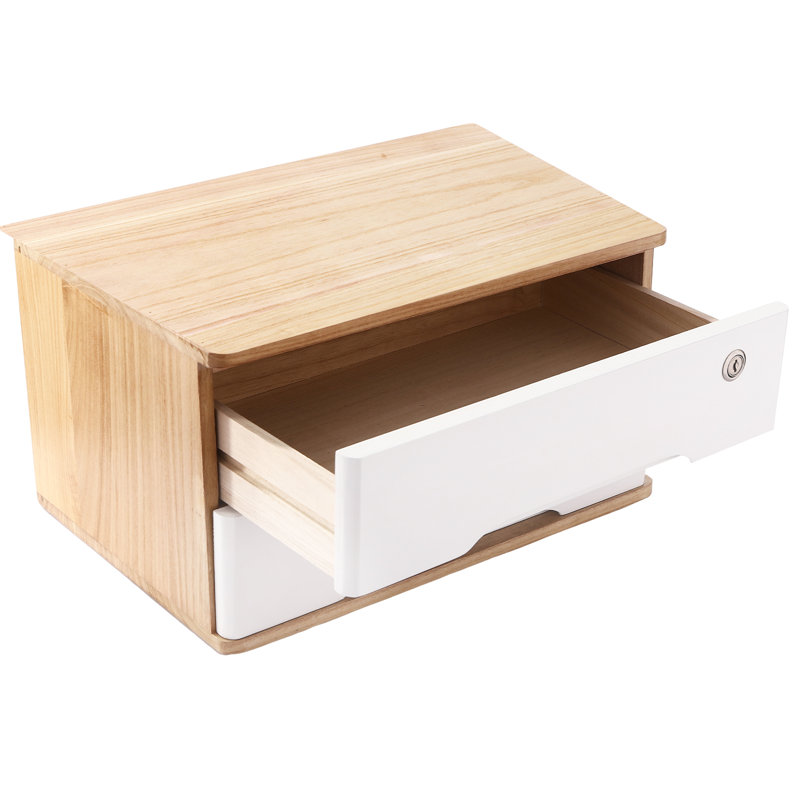Boîte de rangement de bureau en bois à 2 niveaux avec tiroirs verrouillables, Naturel / Blanc