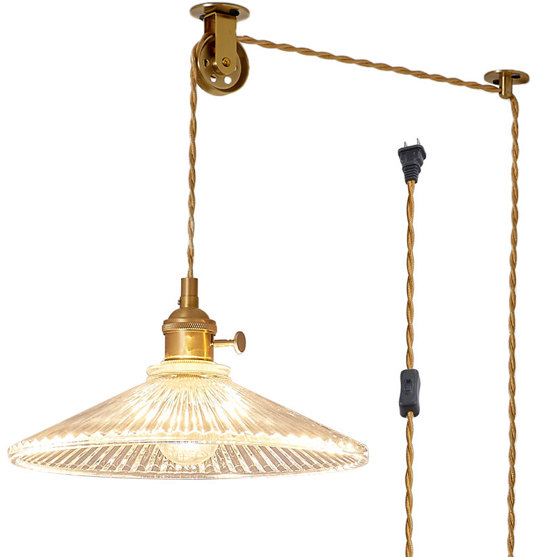 Oyisen Hanging Lamp Plug in Braided Adjustable 14Ft Light Cord Plug in Pendant Light 9.8 Inch Glass Lampshade Hanging Ceiling Light Kitchen Island On/Off Switch Hanging Lights