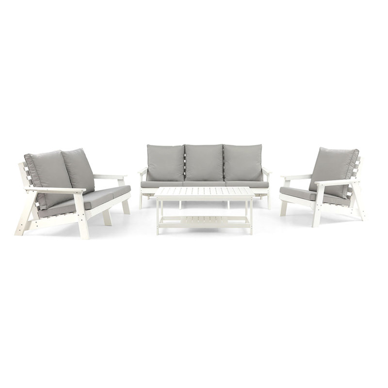 HIPS 3 Seater Sofa With Cushion, Wood Grain Outdoor Garden Sofa,White/Grey