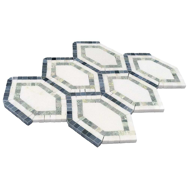 Infinity 10x12 Micro Hexagon Polished Marble Mosaic Tile, Ming Green Thassos/Linblue