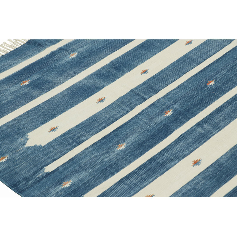 Rug & Kilim’S Contemporary Dhurrie Rug In Blue With White Stripes, Rectangle 10' x 14'