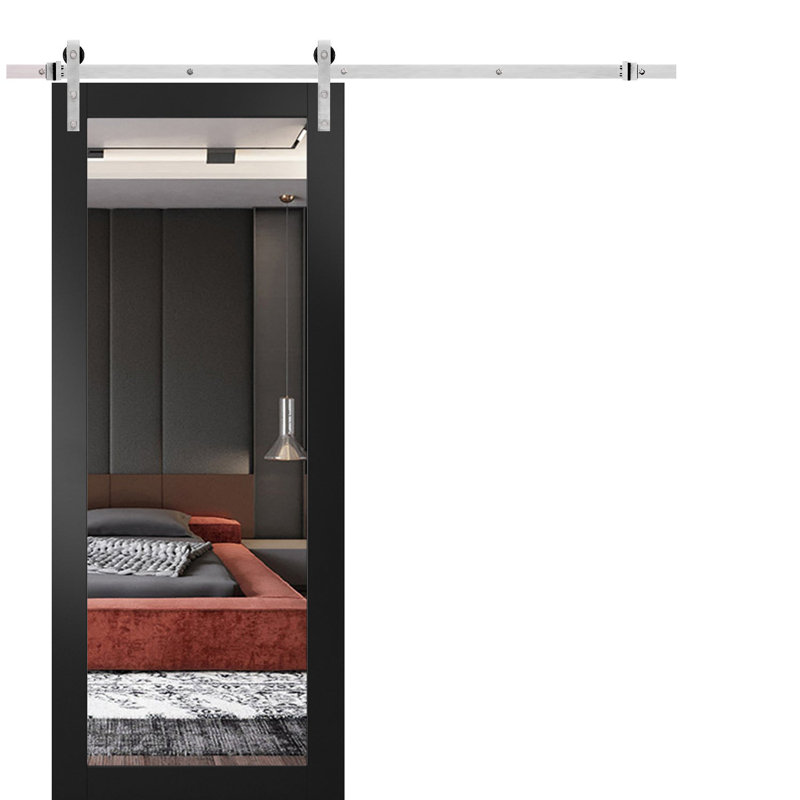Lucia Mirrored Glass Barn Black Door, 18" x 84"