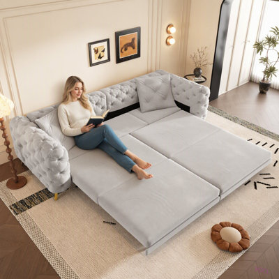 97.7" 3-in-1 Convertible Sleeper Sofa, 28.4" Deep Seat Pull Out Sofa Bed, Button Tufted Modern Sofa, 4-Seater Couch with Movable Ottoman for Apartment, Office, Bedroom