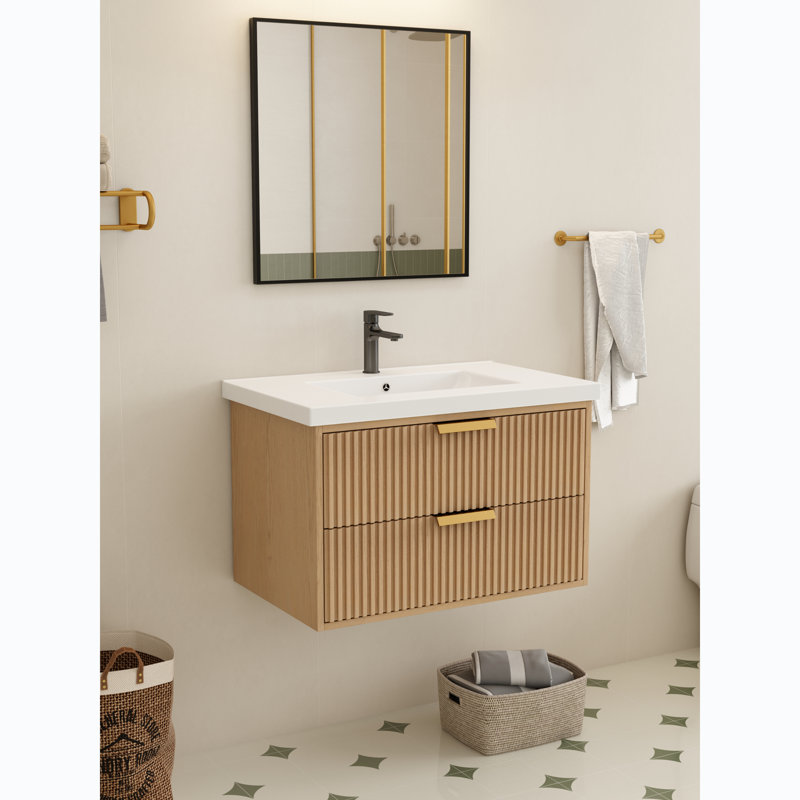 Meuble-lavabo flottant avec lavabo simple blanc Maxbano, Chêne, Doré