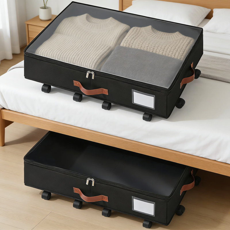 Under Bed Storage Organizer With Wheels And Clear Lid, Heavy-Duty Rolling Storage Container With Visible Window For Clothes, Bedding, And Seasonal Items, 2-Pack
